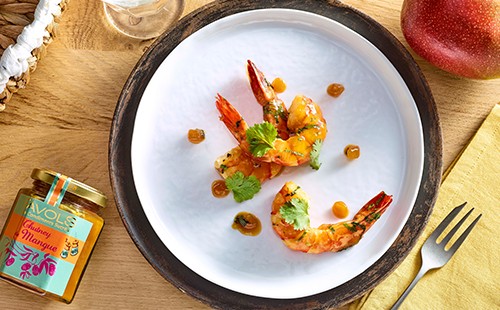  Gambas snackées et Chutney de Mangue, feuille de coriandre